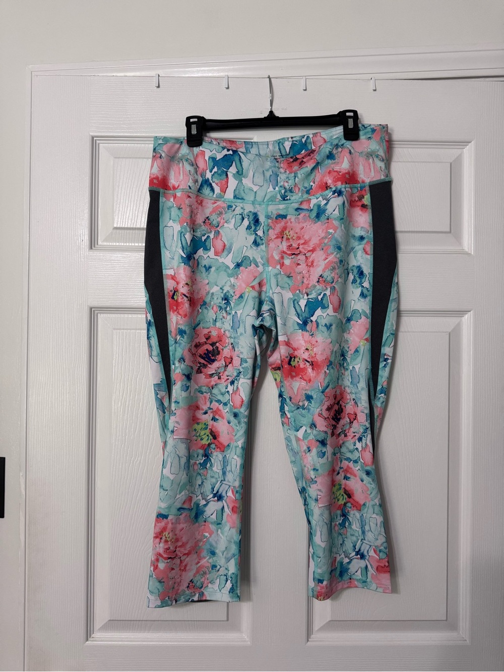 tek gear Floral Capri Leggings - Pink & Aqua with Black Panels